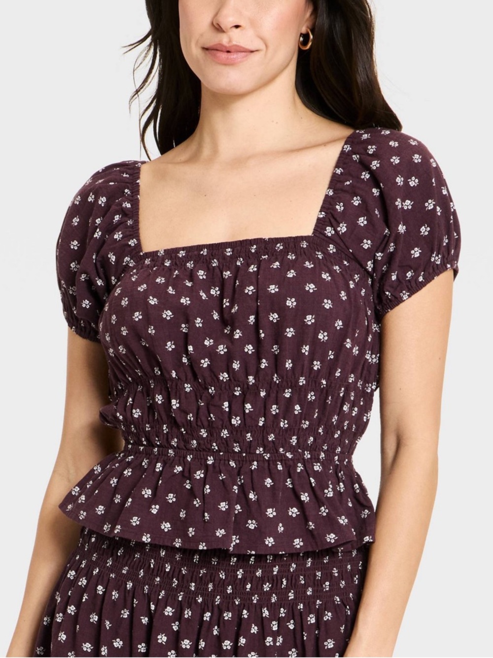 Women’s Short Sleeve Printed Blouse. - Plum Floral. L